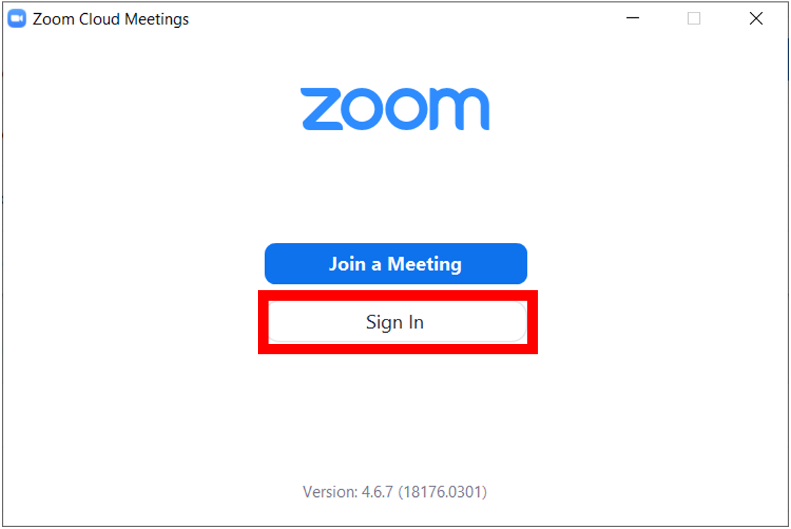 Zoom Desktop Application start up screen.  Join meeting button is above the Sign in button.