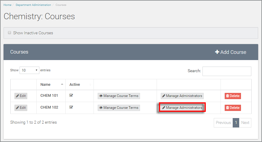 select "manage administrators" for the appropriate course