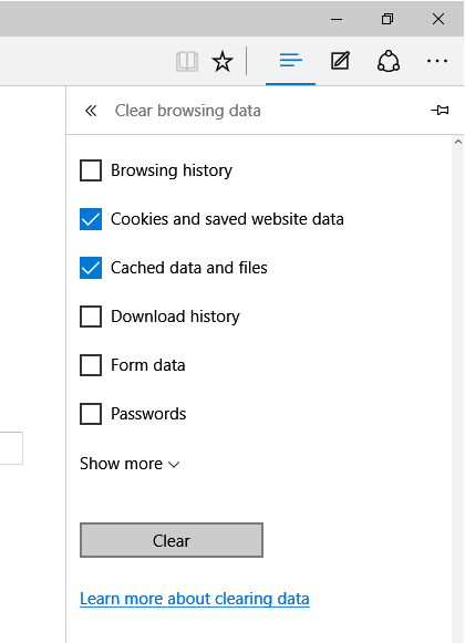 Edge (Win) - Clearing Cache and Cookies