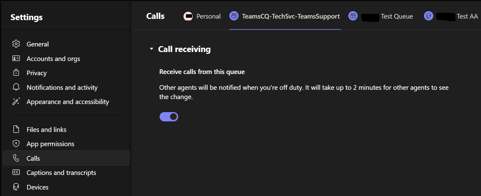 Image of call queue opt in out in New Teams setting calls tab