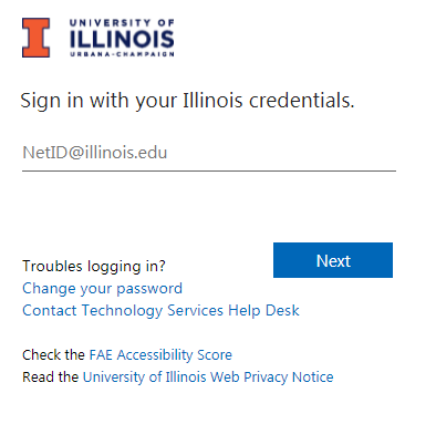 Normal University of Illinois login screen.  Enter your netid and password where prompted to do so.
