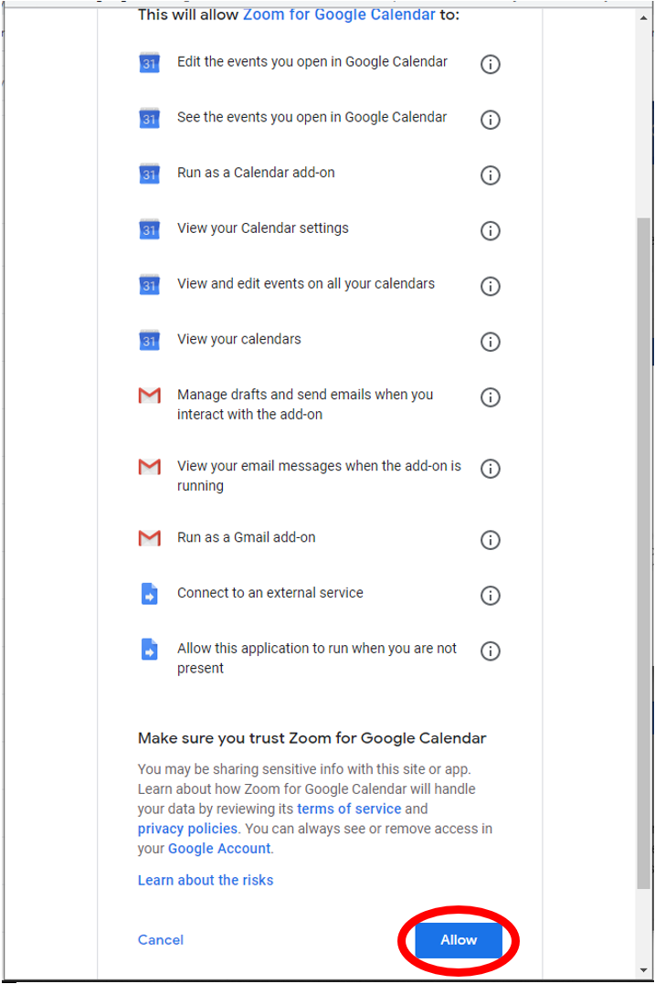 Zoom for G Suite permissions agreement.  Please read carefully.  Click agree in the lower right corner of the screen.