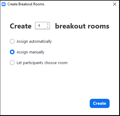 Zoom breakout room popup with the second option, assign manually selected.