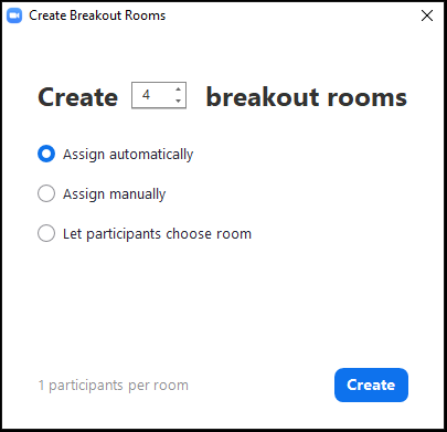 Zoom breakout room popup.  This appears in the Zoom desktop app after you click the breakout room button.  You have the choice to assign participants automatically, assign manually, or let participants choose their room.