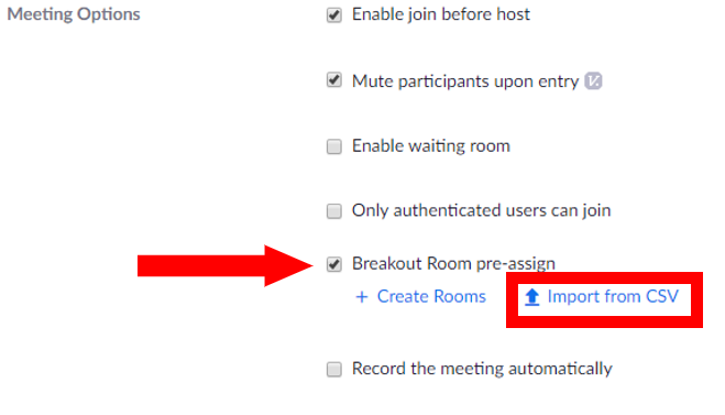 Meeting options with Breakout Room pre-assign checked. Import from CSV below Breakout Room pre-assign is highlighted.