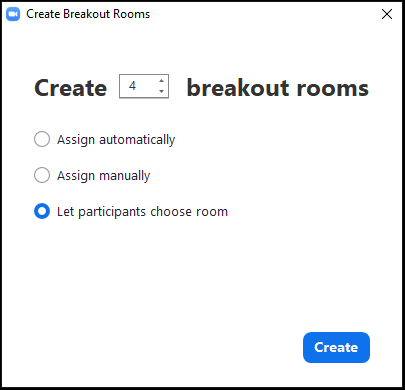 Zoom breakout room popup with the third option, let participants choose room, selected.