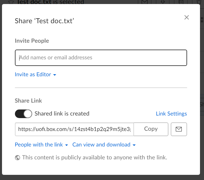 Shared link created, ready to click Link Settings