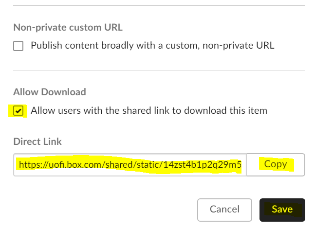 Link Settings window with Allow Download checked and a URL in the Direct Link field