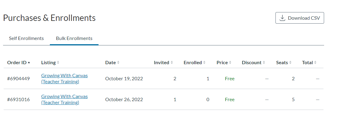 Screenshot of the Purchases and Enrollments menu