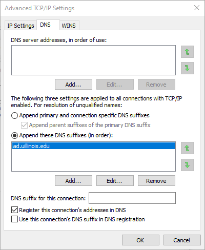 Showing the advanced screen after a DNS suffix was added