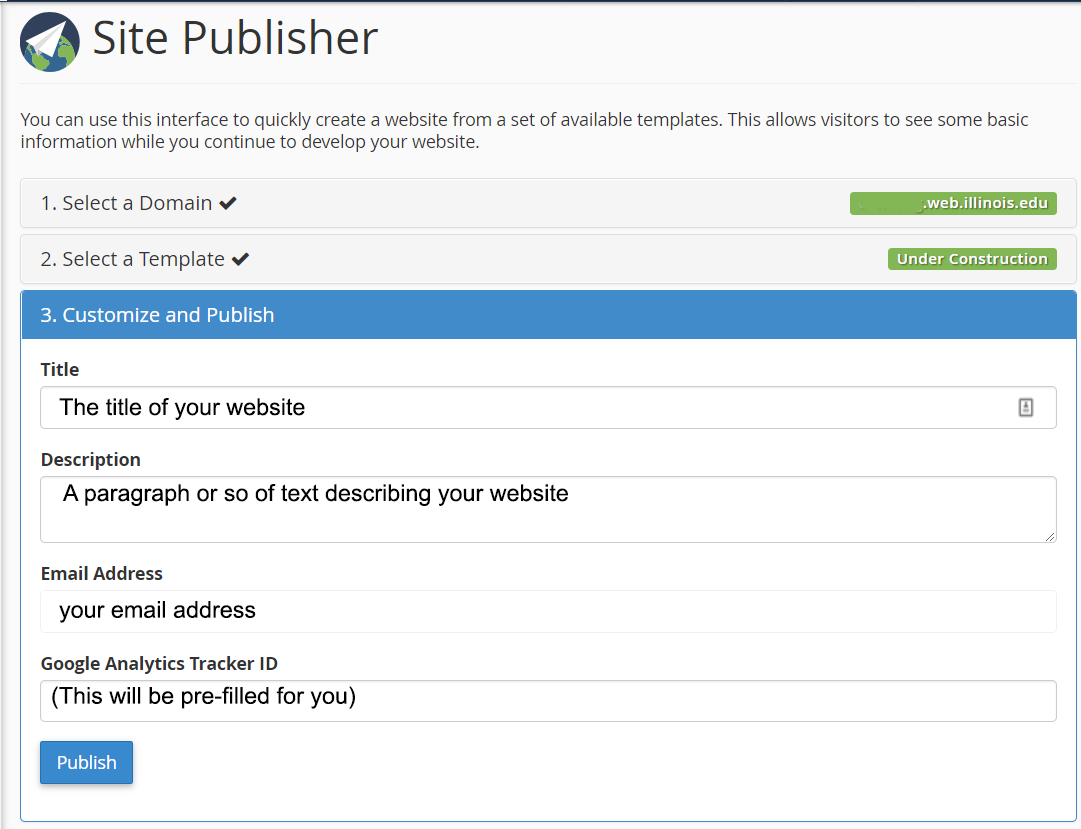 Site Publisher customizations for Under Construction design