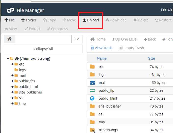 Upload button in cPanel File Manager