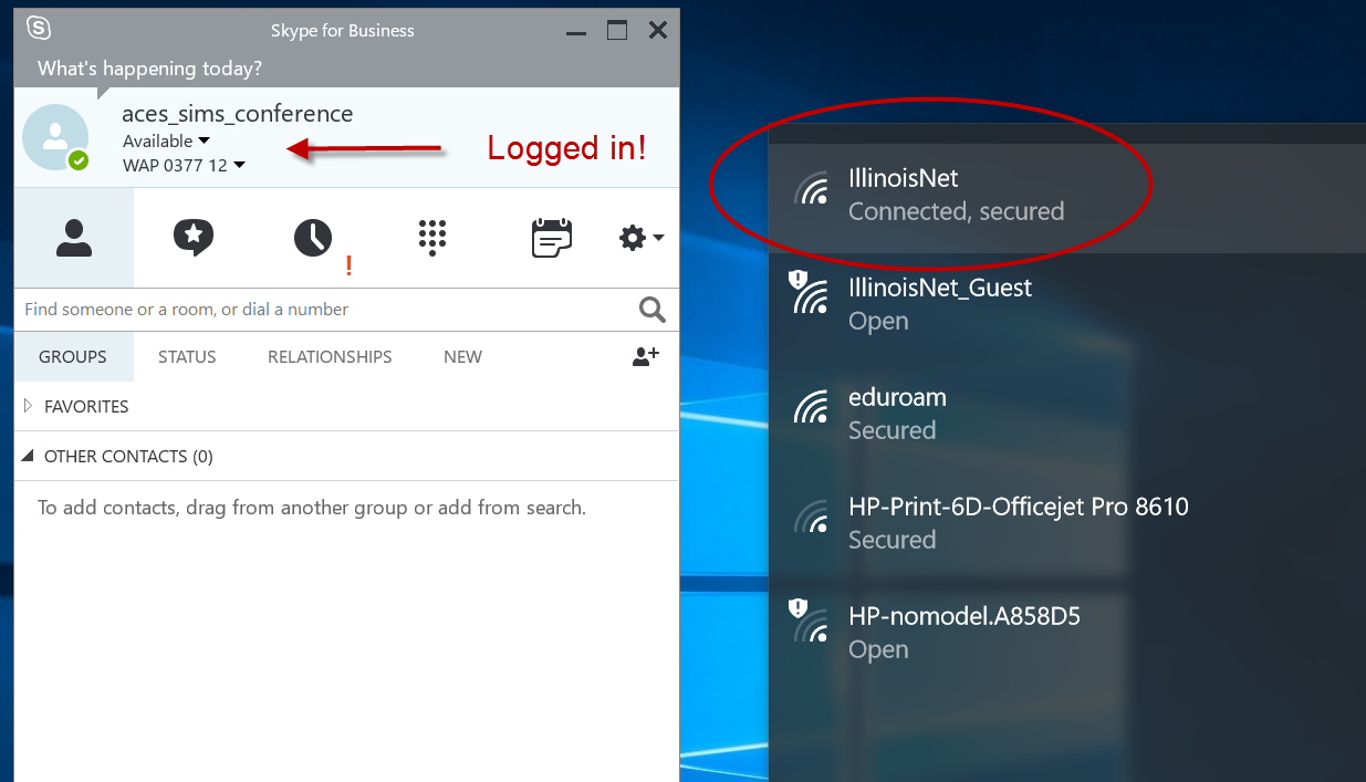 Image of IllinoisNet showing a connection and Skype for Business logged in