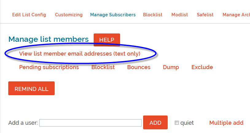 Image of link - ACES Email lists - Manage subscribers - view email addresses