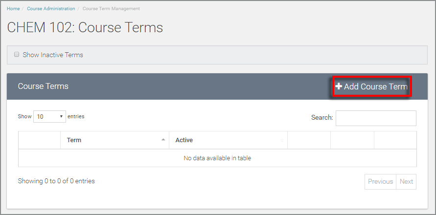 select the "add course term" option at the top right of the course terms table container