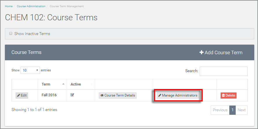select the "manage administrators" next to appropriate course term in the course terms table