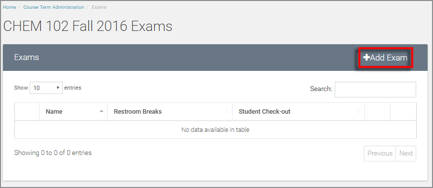 select the "add exam" option in the top right of the "exams" table container