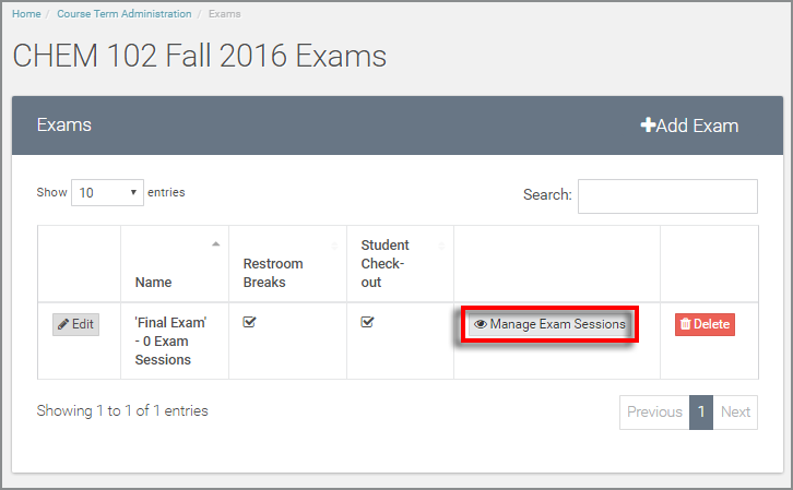 from the exams table - select the "manage exam sessions" option
