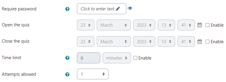 A picture of the User overrides page with the options for it to require a password, open and close date, time limit , and attempts allowed.