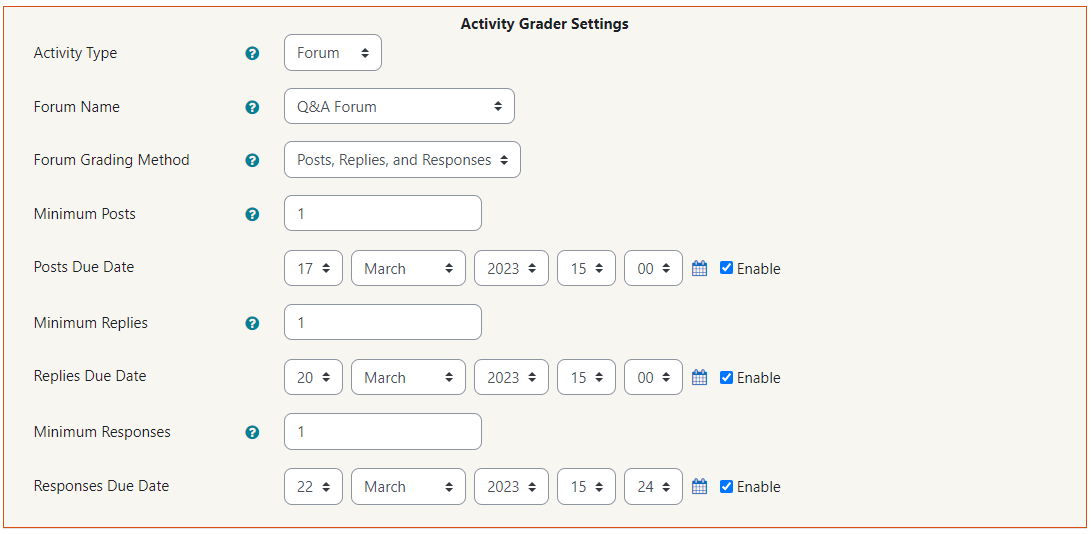 Activity grader settings box