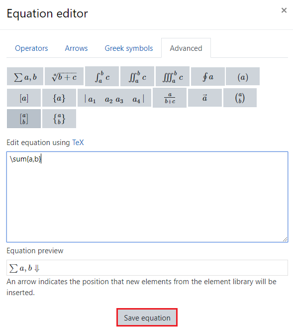 Equation editor pop-up