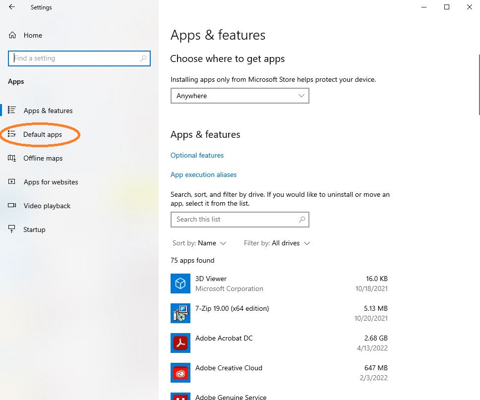 Windows Settings, Apps & features, Default apps circled