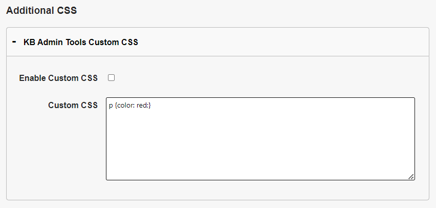 The KB Admin Tools Custom CSS section of the Layout page.