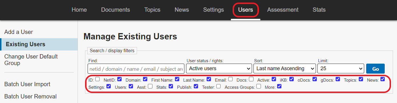The Existing Users page. The Users tab in the top navigation bar is circled in red. The checkboxes section below the search bars are circled in red.