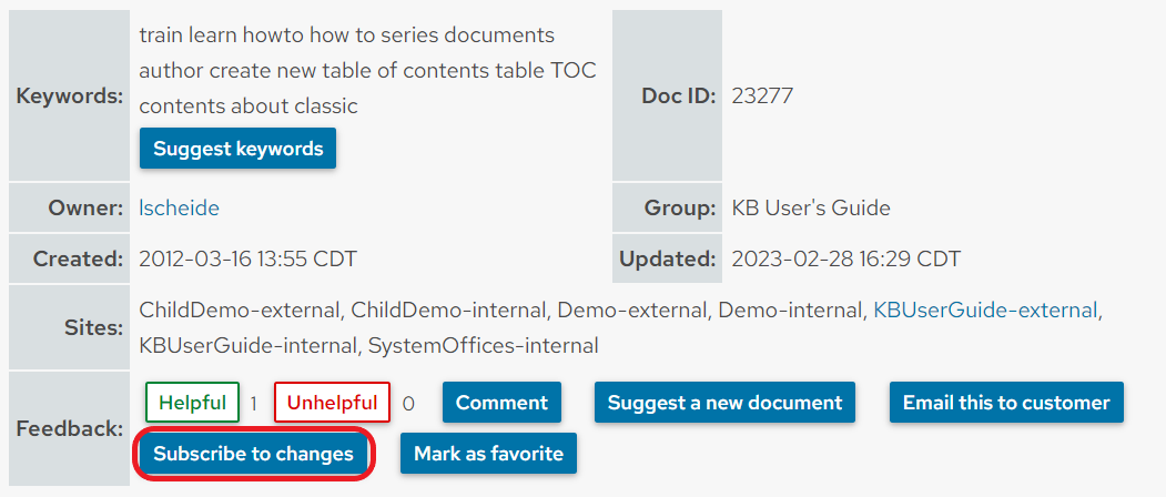 The document information table at the bottom of a live document. The Subscribe to changes button is circled in red.