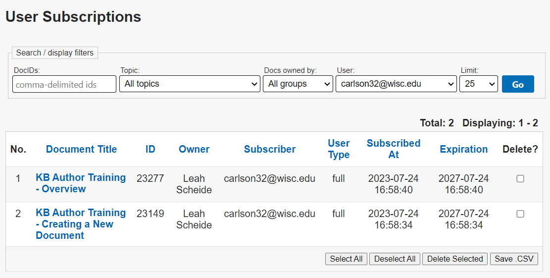 The User Subscriptions page in the KB Admin Tools