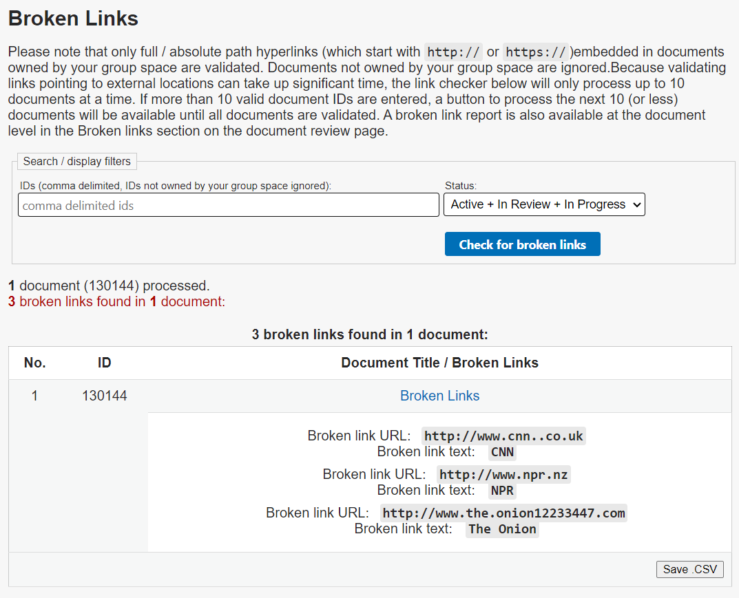 The Broken Links page. The results show a document with three broken links.