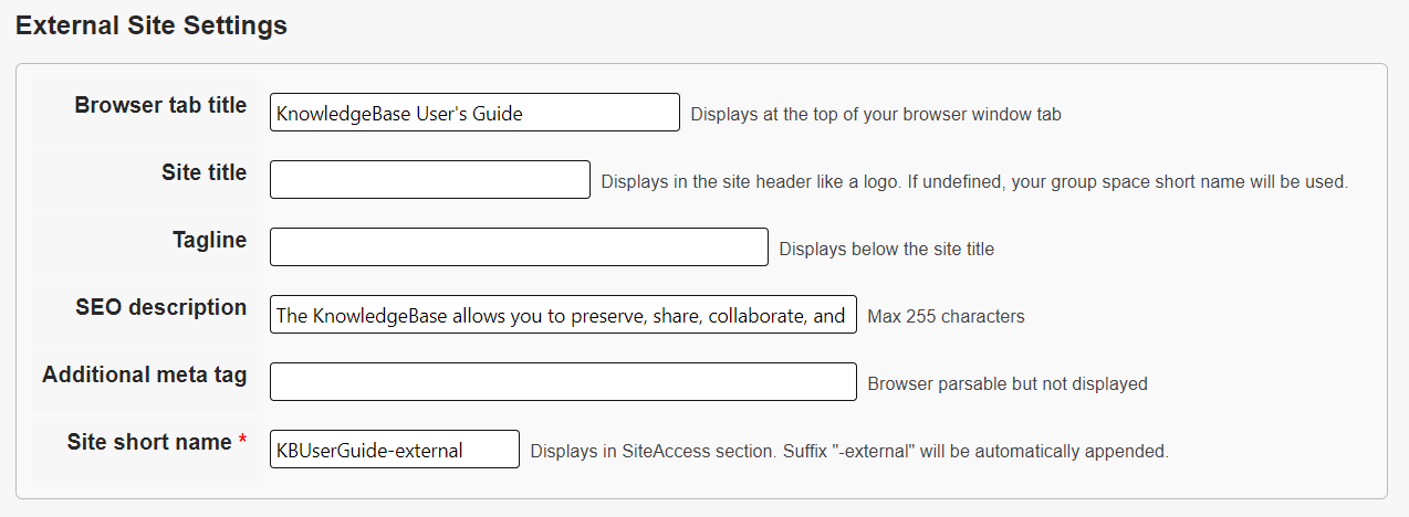 The External Site Settings section.