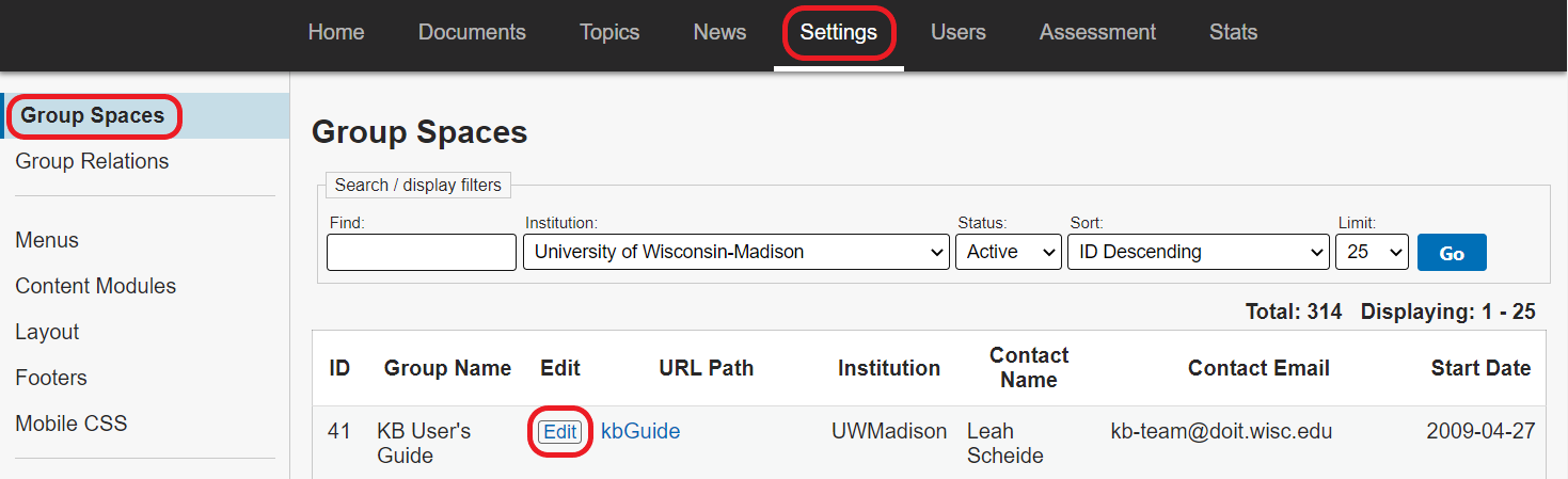 The Settings tab at the top is circled in red. Group Spaces is circled in red in the left side menu. The Edit link in the table is circled in red.