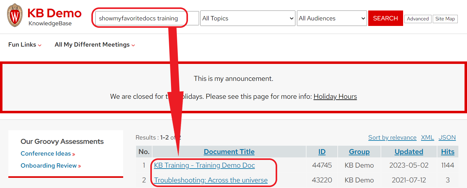 The KB Demo site showing search results for the search of "showmyfavoritedocs training". The search bar is circled in red and an arrow points from it to the document title column where the results are circled in red.