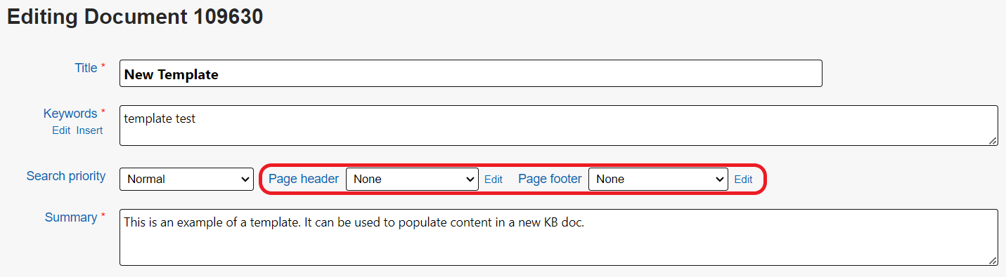 The Editing Document page. The Page header and Page footer dropdowns are circled in red.