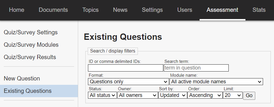 Existing Questions page.