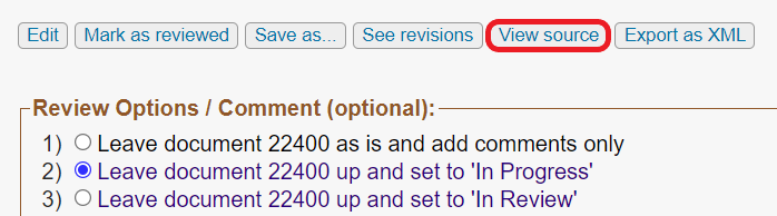 The button bar above the Review Options / Comment section of a document. The View source button is circled in red.