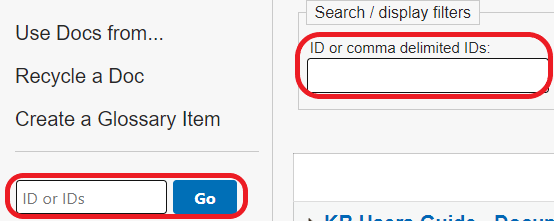 The ID or IDs search bar in the left side menu and the search bar at the top of the Active documents page are circled in red.