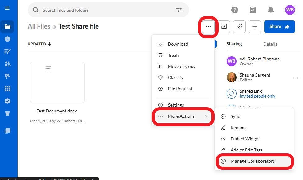 Instructions to click on the ellipses then More Actions, then Manage Collaborators in the Box Folder.